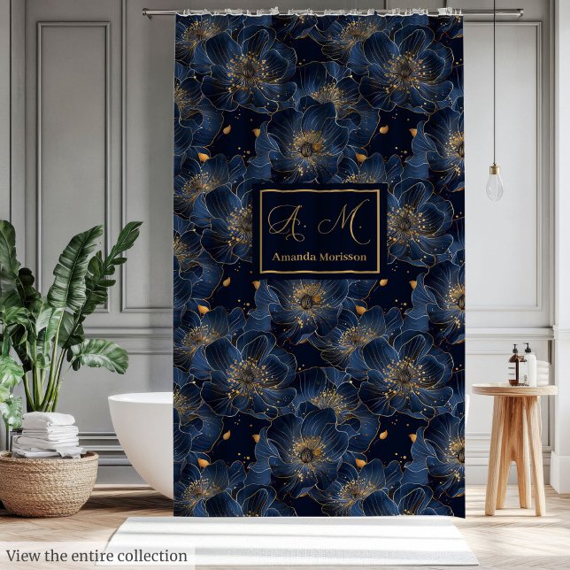 Rideaux De Douche Luxury Navy Gold Floral Pattern Curtain Bathroom (Luxury Navy Gold Floral Pattern Curtain Bathroom)
