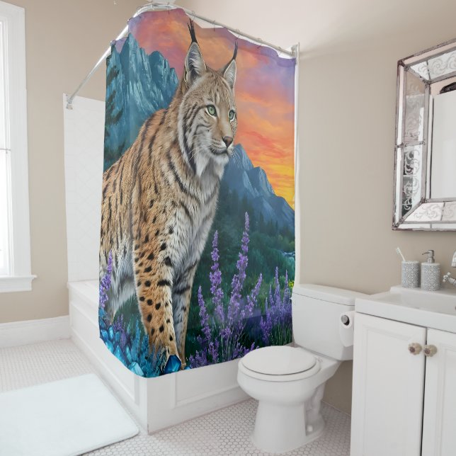 Rideaux De Douche Lynx au lever du soleil par cascade (En situation)
