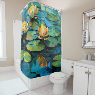 Rideaux De Douche Lys d'eau et fleurs de lotus aquarelle