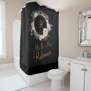 Rideaux De Douche M. et Mme Gold Floral sur le Mariage Monogramme no