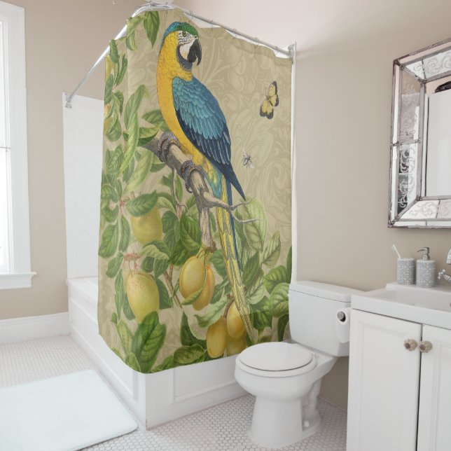 Rideaux De Douche Macaw Blue Jaune Tropical Jungle Antique (En situation)