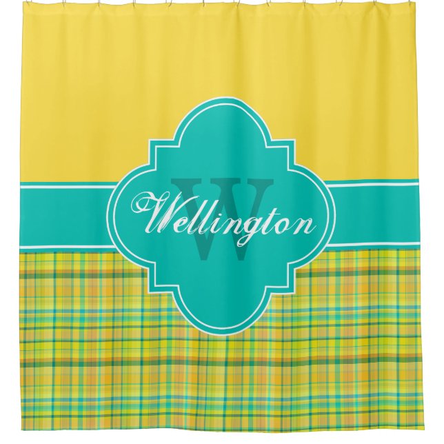Rideaux De Douche Madras turquoise Jaune Plaid 1ICB Nom du ruban (Devant)
