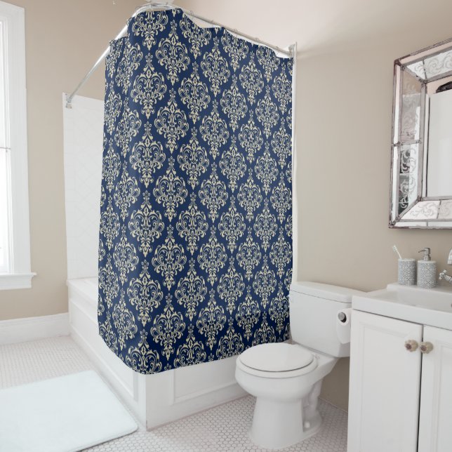 Rideaux De Douche Magnifique Royal Blue Classic Elegant Damask Patte (En situation)