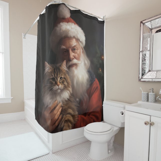 Rideaux De Douche Maine Coon avec Noël Festif du Père Noël (En situation)