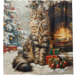 Rideaux De Douche Maine Coon Chat Noël Vintage