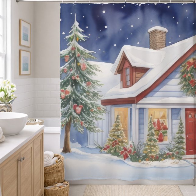 Rideaux De Douche Maison de Noël Neige Peinture d'hiver Aquarelle (Créateur téléchargé)
