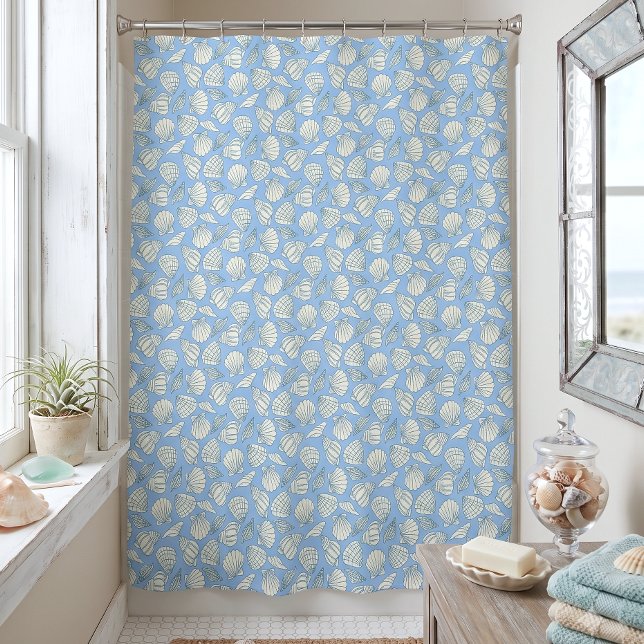 Rideaux De Douche Maison de plage coquillages bleue côtière (Créateur téléchargé)