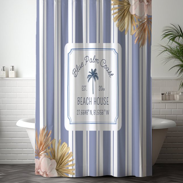 Rideaux De Douche Maison de plage Rayures bleues Côtière Boho Maison (In situ)