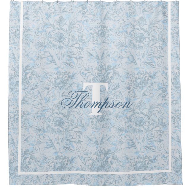 Rideaux De Douche Maison Française Dusty Blue Floral Monogramme (Devant)