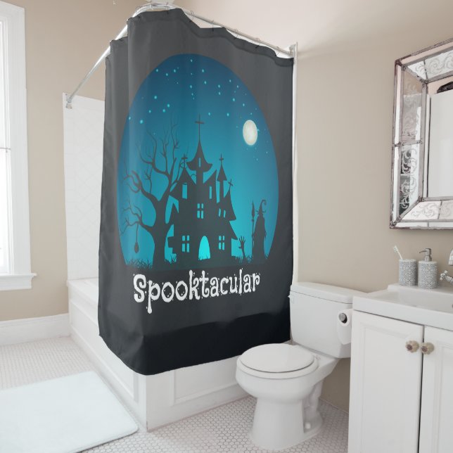 Rideaux De Douche Maison hantée bleue et noire Spooktacular (En situation)