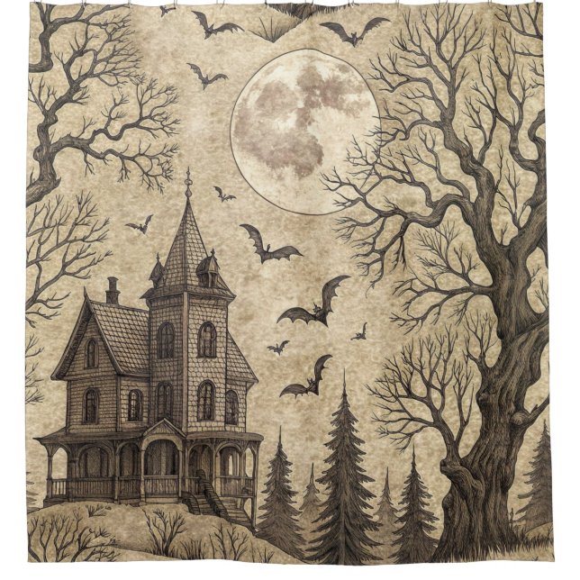 Rideaux De Douche Maison hantée vintage & pleine lune (Devant)