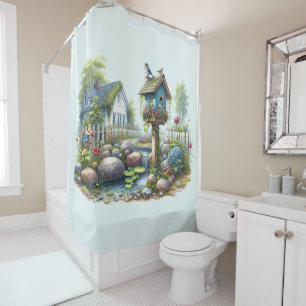 Rideaux De Douche Maisoncampagne Maisonnette Oiseaux Aquarelle Jardi