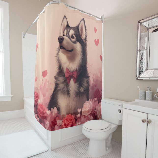Rideaux De Douche Malamute d'Alaska avec Rose - Saint-Valentin (En situation)