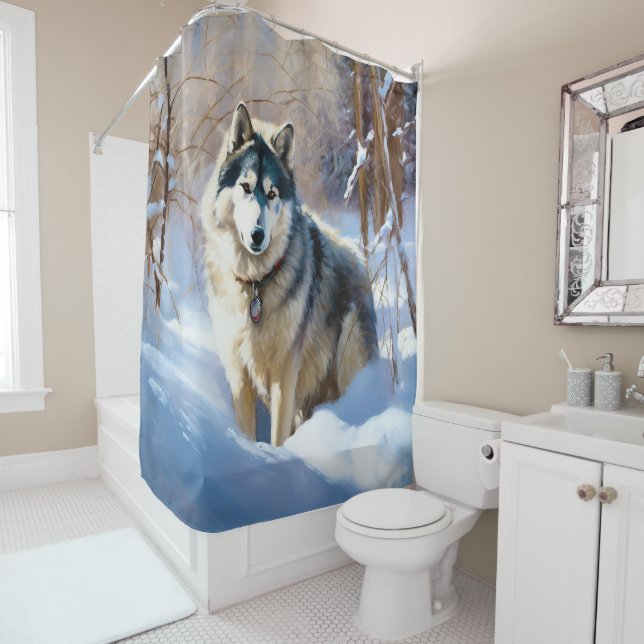 Rideaux De Douche Malamute d'Alaska Qu'il neige Noël (En situation)