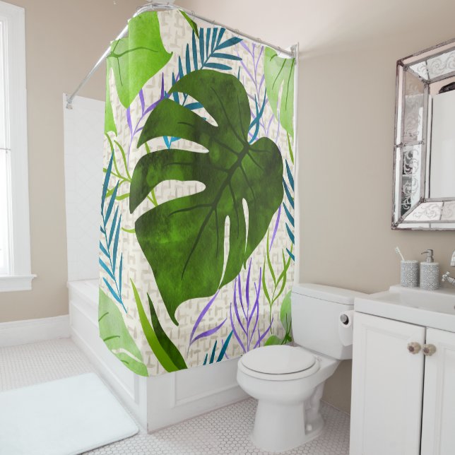 Rideaux De Douche Maleah Monstera Tropical Hawaiian Aquarelle Vert (En situation)