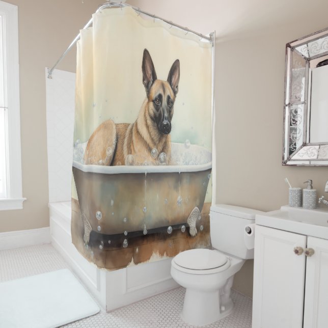 Rideaux De Douche Malinois Belge Dans Baignoire Aquarelle Chien Art (En situation)