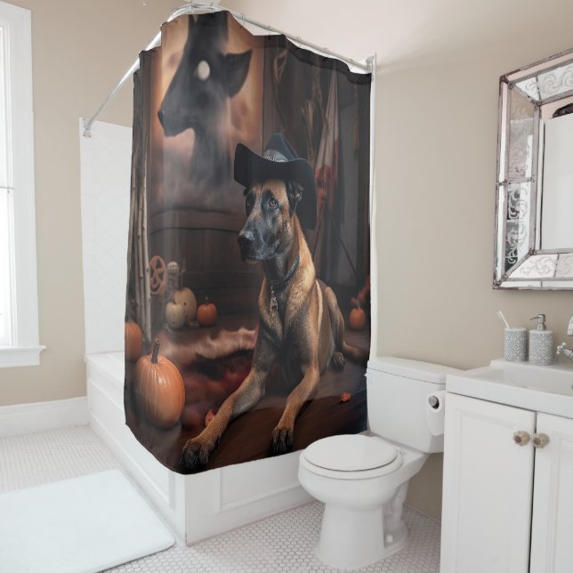 Rideaux De Douche Malinois Belges Citrouilles Halloween Épouvantable (En situation)