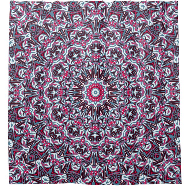 Rideaux De Douche Mandala blanc, rouge et kaki. (Devant)
