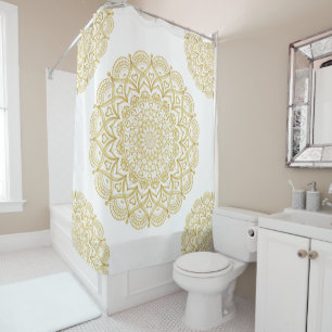 Rideaux De Douche Mandala Boho blanc et or