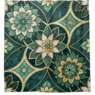 Rideaux De Douche Mandala floral émeraude et or - Ornemental