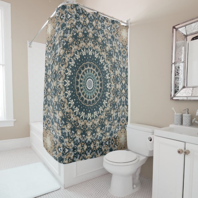 Rideaux De Douche Mandala Motif de design turquoise et beige (En situation)