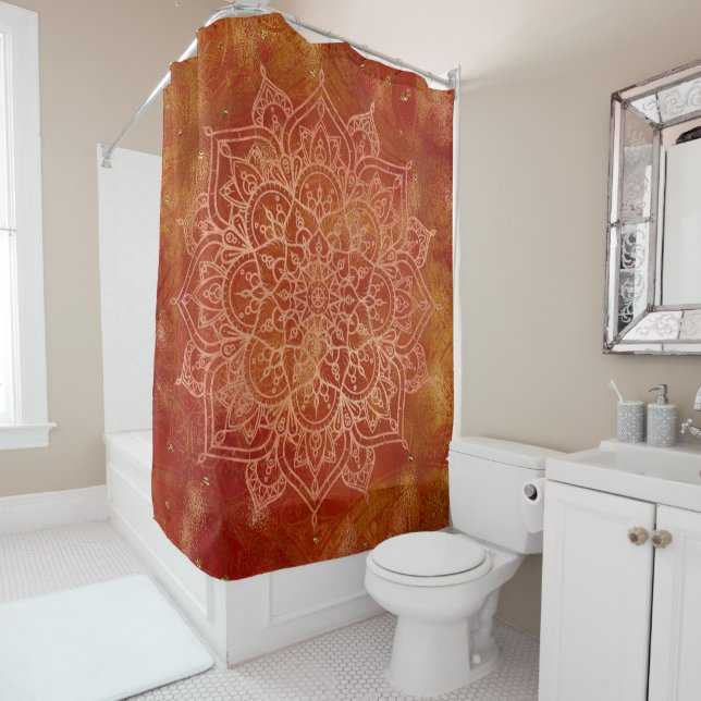 Rideaux De Douche Mandala orange et Glamour doré Moderne et Chic (En situation)