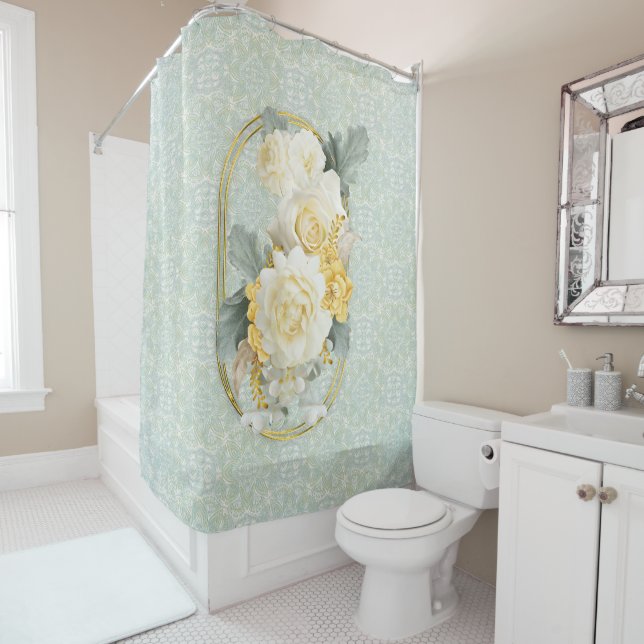 Rideaux De Douche Mandalas vert clair, jaune et blanc (En situation)