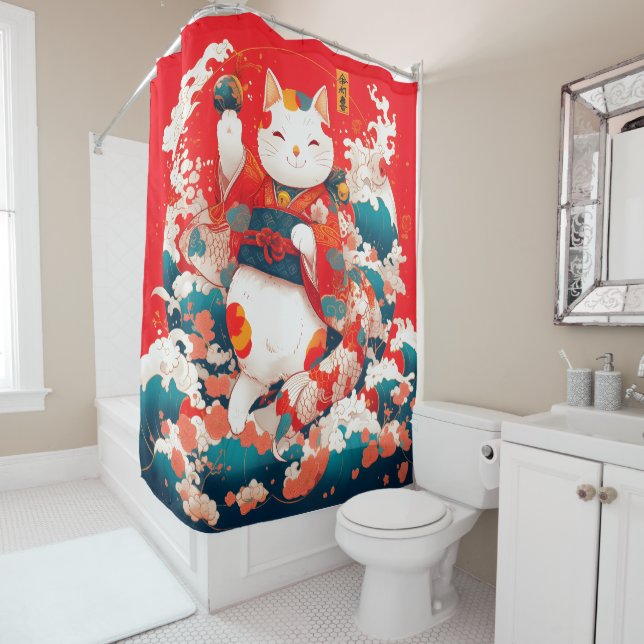 Rideaux De Douche Maneki-Neko, Chat japonais chanceux (En situation)