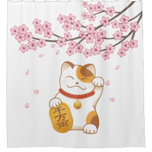 Rideaux De Douche Manekineko Japonais Lucky Chat Cerry Blossom