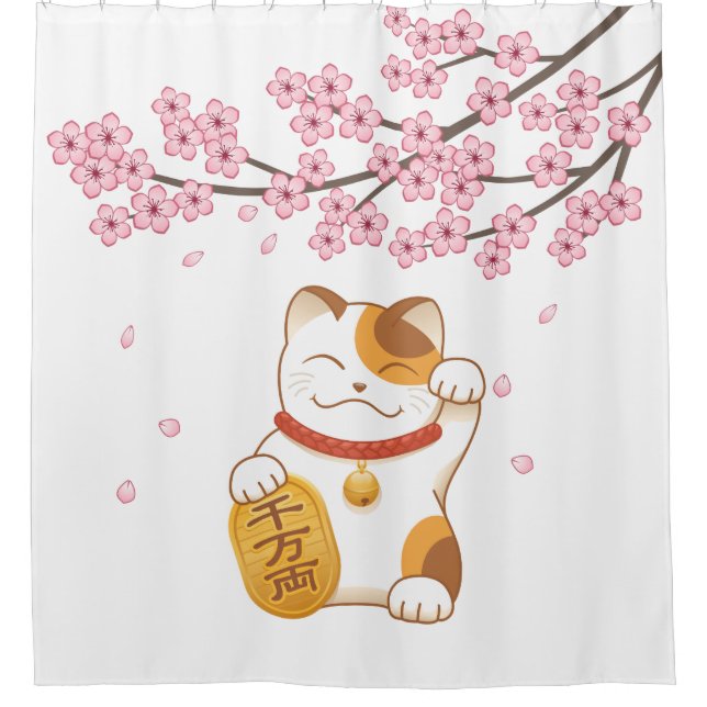 Rideaux De Douche Manekineko Japonais Lucky Chat Cerry Blossom (Devant)