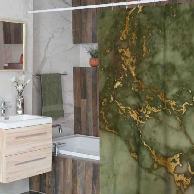 Rideaux De Douche Marble Stone Metallic Gold Veins Green Hunter (Créateur téléchargé)