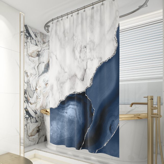Rideaux De Douche Marbre Blanc Agate Bleu Marine Argent (Créateur téléchargé)