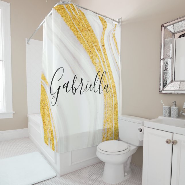 Rideaux De Douche Marbre blanc Parties scintillant d'or (En situation)