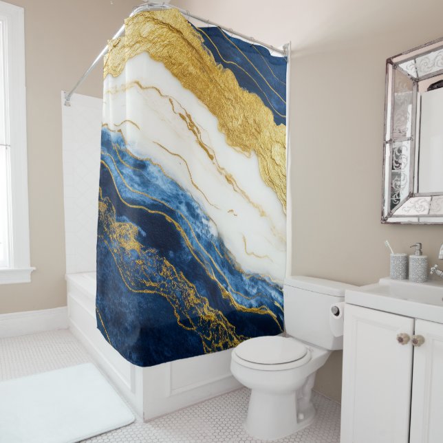 Rideaux De Douche Marbre bleu marine de luxe et feuille d'or (En situation)