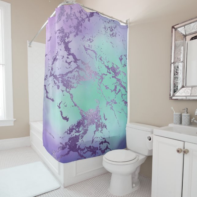 Rideaux De Douche Marbre chic | Lavande violet et vert menthe (En situation)