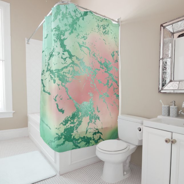 Rideaux De Douche Marbre cool | Jolie Pastel Coral et Green Ombre (En situation)