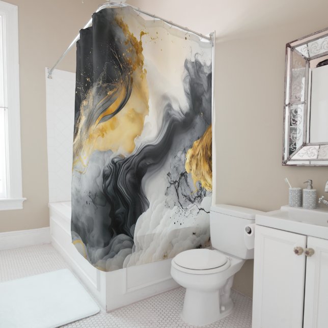 Rideaux De Douche Marbre d'aquarelle noir et or (En situation)