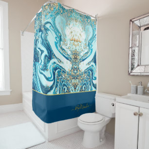 Rideaux De Douche Marbre d'or bleu moderne Océan Monogramme Nom