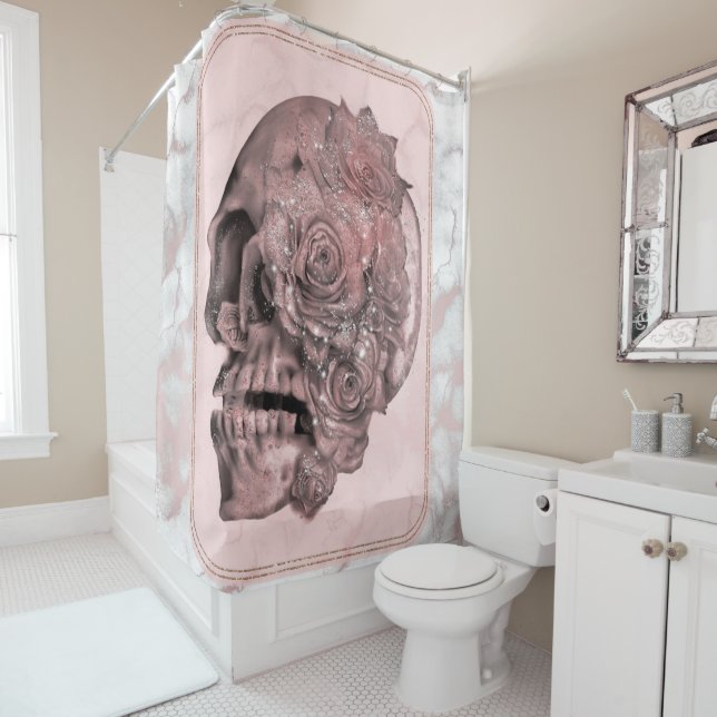Rideaux De Douche Marbre Glam Rose Gold Rose Crâne (En situation)