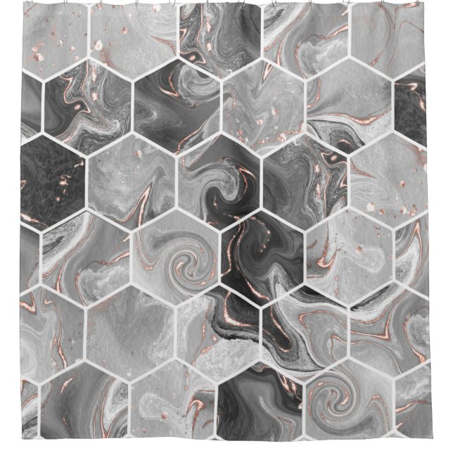 Rideaux De Douche Marbre hexagone texture transparente avec motif or (Devant)
