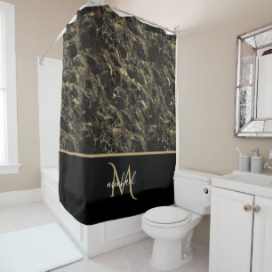 Rideaux De Douche Marbre noir et or Monogramme Élégant Luxe