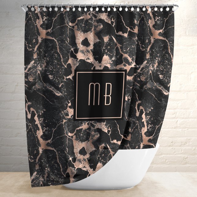 Rideaux De Douche Marbre Noir Monogramme Élégant  (Personalized Monogram Rose Gold Black Marble Shower Curtain)