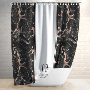 Rideaux De Douche Marbre Noir Rose Gold Élégant Monogramme