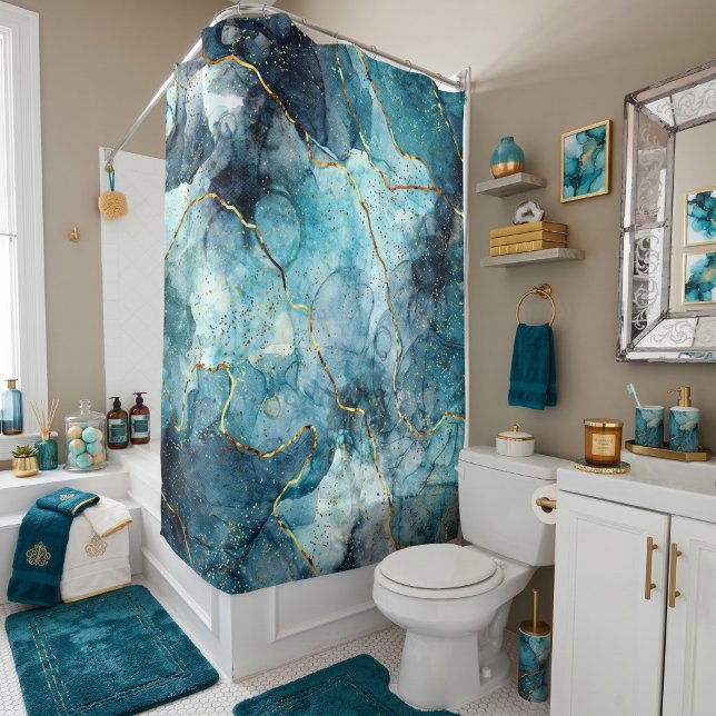 Rideaux De Douche Marbre pailleté bleu et or (Créateur téléchargé)