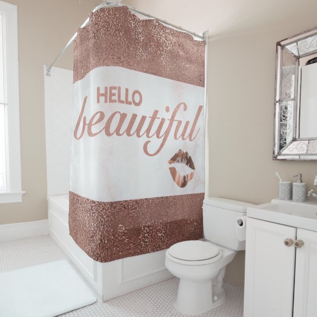 Rideaux De Douche Marbre Rose Gold Foil tendance Bonjour Belle (En situation)