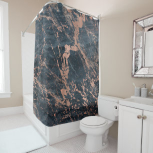 Rideaux De Douche Marbre Rustique Bleu Brumeux et Rose Gold Rose Gla
