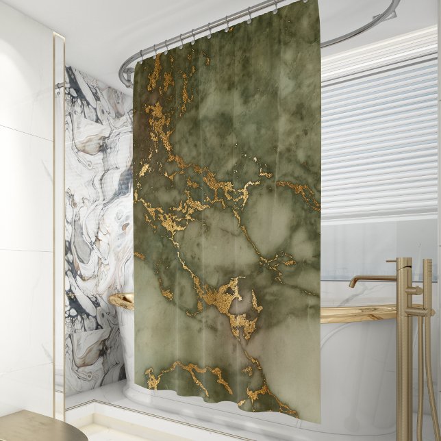 Rideaux De Douche Marbre Vert Olive Feuille de Faux Or (Créateur téléchargé)