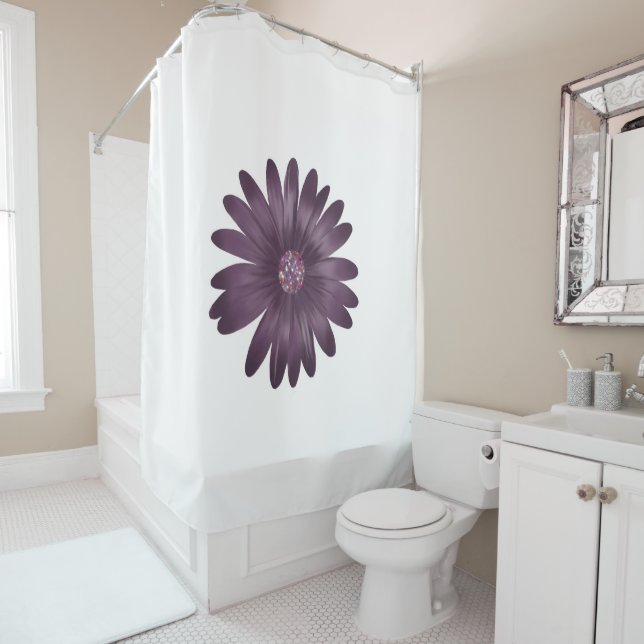 Rideaux De Douche Marguerite violette moderne avec parties scintilla (En situation)