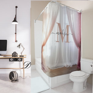 Rideaux De Douche Mariage de script de fond de Monogramme noir rose 