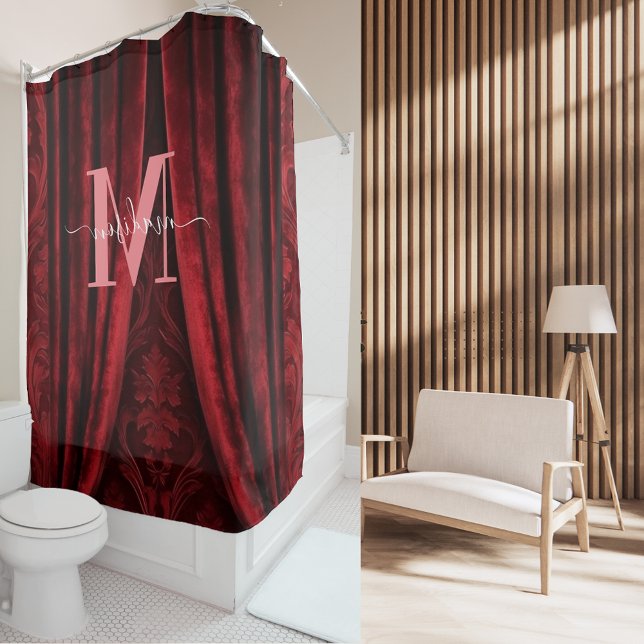 Rideaux De Douche Mariage écriture moderne monogramme rose Red Velve (Créateur téléchargé)